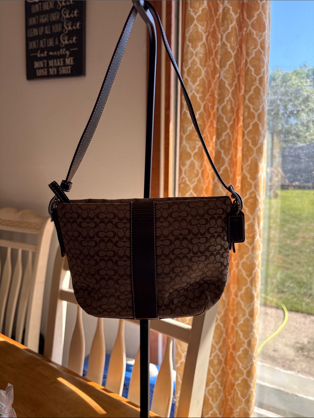Coach Mini Phoebe Brown Signature Canvas Shoulder Bag with Dark Brown Trim